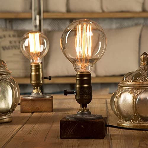 Image of Bonlux Industrial Table Lamp Dimmable, Steampunk Desk Lamp, Vintage Bedside E27 Edison Holder Base, Rustic Retro Wooden Small Lamps for Bedroom Living Room Decoration Pack of 1, Brown