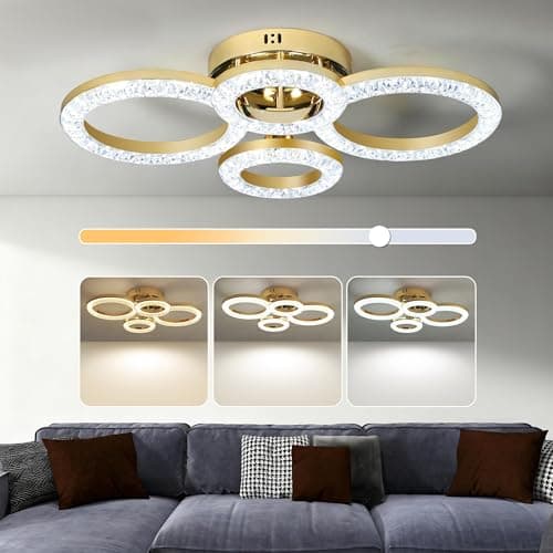 Image of HOMCOM LED Ceiling Light, Modern Dimmable 4 Rings Ceiling Lamp with Wall Switch, 40W 4350lm Flush Mount Ceiling Light with 3500K/4500K/6000K Colour Temperatures for Living Room, Bedroom, Gold Tone