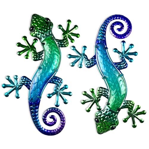 Image of HONGLAND Metal Wall Art 2 Pack, 15" Gecko Garden Ornaments Outdoor, Hanging Lizard Garden Wall Art Decor for Fence, Patio & Home