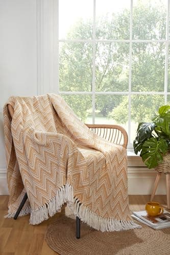 Image of Portfolio Home Chester Zig Zag Geometric Ochre Throw Over Blanket with Tassels Soft Cosy Sofa Chair Bed 228 x 250 cm
