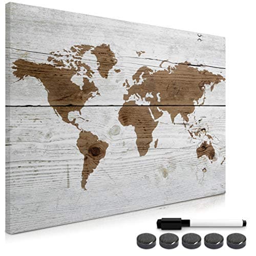 Image of Navaris Magnetic Memo Board Whiteboard - 90 x 60 cm Dry Erase White Board with Design for Wall - Includes Marker and Magnets - World Map