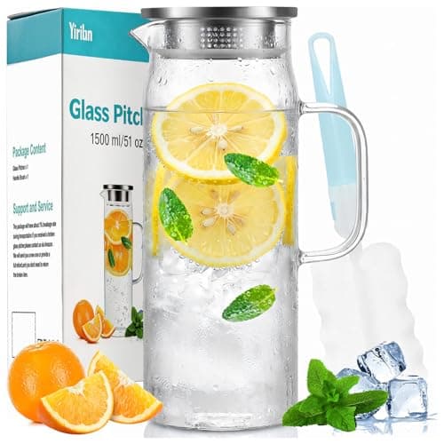 Image of Yirilan Glass Jug with Lid, Glass Pitcher, Glass Water Carafe with Lid, Borosilicate iced Tea Pitcher,51 oz/1.5 Liter