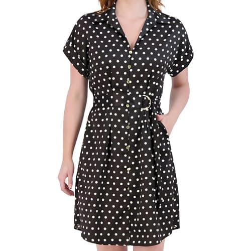 Image of French Connection Women's Satin Belted Shirt Dress – Knee Length, Short Sleeve, Button-Down - Casual Style for Everyday Wear, Black, M