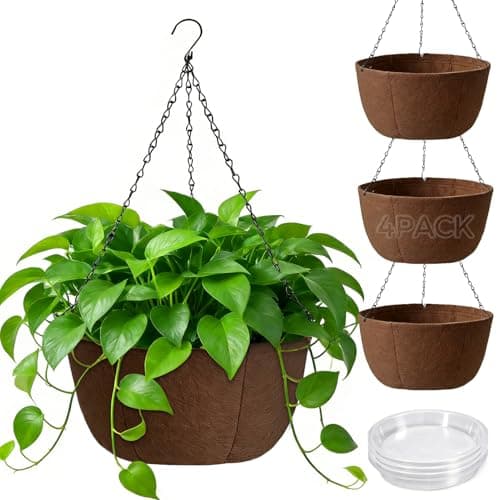 Image of T4U Hanging Baskets Outdoor 4 Pack 25.5cm, Breathable Fabric Hanging Plant Pot with Tray to Catch Excess Water, Hanging Planter with Rustproof Chains for Growing Flowers & Plants Patio Porch Garden