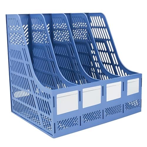 Image of Elezeal Magazine File Holder, Sturdy HIPS Plastic 4 Vertical Book Organiser with Hollow Design, Durable A4 Desktop File Rack Document Storage Magazine Folder Holder for Office, School, and Home - Blue