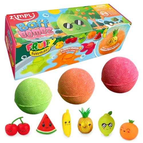 Image of ZIMPLI - 3 x Large 100g Fruity Surprise Baff Bombz, 1 of 6 Fruity Toys to Collect, One per Bath Bomb, Children's Bath Toy, Pocket Money Gift