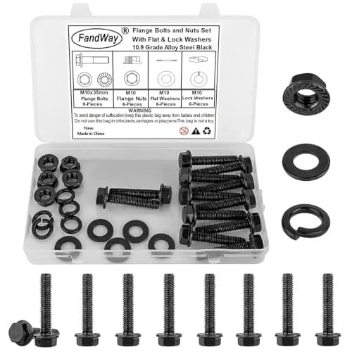 Image of FandWay M10x35mm Flange Head Bolts Black,27 Pcs Flanged Hex Serrated Bolts and Nuts Set With Flat Lock Washers,Flange Hexagon Machine Screws 10.9 Grade Alloy Steel,External Hex Drive Fully Threaded.