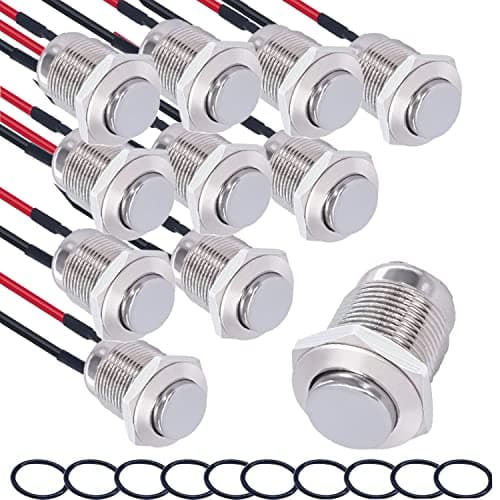 Image of RUNCCI-YUN 10 Pieces 12 mm Momentary Push Button Switch Waterproof Push Button Switch Round Momentary Switch with Pre wiring,DIY Stainless Steel Normally Open Metal Push Start Button (High Head)