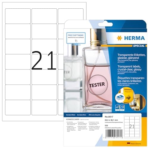 Image of HERMA Labels transparent crystal-clear A4 63.5x38.1 mm transparent clear film glossy 525 pcs.