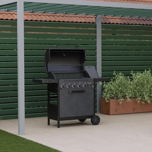 Image of CHARLES BENTLEY ottimo 420 6-Burner Gas BBQ With Built-In Thermometer, Cast-Iron Cooking Grids, Griddle Plate, Side Burner, Matt-Grey Powder-Coated Finish & Storage Cabinet (135 x 58 x110cm)