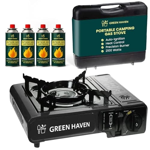 Image of GREEN HAVEN Black Portable Camping Stove with Cary Case & 4 Butane Gas - Premium Camping Gas Stove, EN417 Compliant, Portable with Automatic Ignition & Heat Control