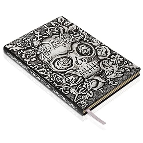 Image of HomWanna Skull Embossed Leather Journal Notebook - 3D Handmade Vintage Notebooks Travel Diary with Lined Paper Antique Leather Sketchbook Writing Journals for Women & Men (A5, Silver)