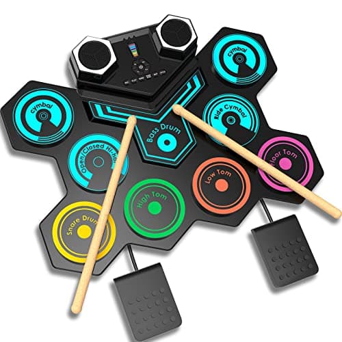 Image of Portable Electric Drum Kit, CNAPXAIA Foldable Kids Drum Pad with Build-in Stereo Speakers, Foot Pedals, Drum Sticks, 9 Pads Silicone Electronic Drum Set for Kids Adult Beginner RAINBOW