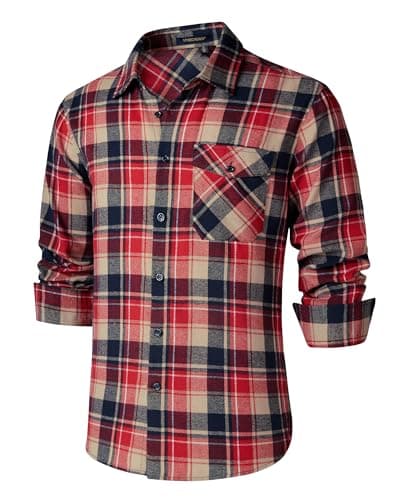 Image of HISDERN Flannel Shirt Men's Checked Shirts Long Sleeve Plaid Shirt Cotton Lumberjack with Pocket Regular Fit Red 2XL