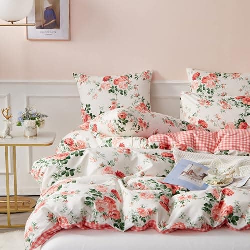 Image of USTIDE Farmhouse Vibrant Floral Duvet Cover Set - Reversible Botanical & Check Pattern, 3-Piece Cottage Core Bedding (1 Duvet Cover + 2 Pillowcases), 200x200cm