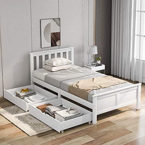 Image of Merax 3FT Single Bed Frame with 2 Underbed Drawers, Solid Pine Wood Single Bed with Storage, Headboard Lattice Pattern Design, Guest Bed for Adults, Kids, Teenagers, White, 90x190cm