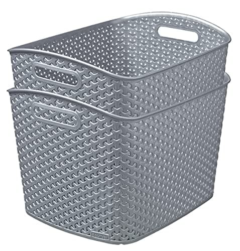 Image of Curver My Style Rattan Effect Set of 2 Kitchen Living Room Bathroom Bedroom Utility XL Rectangular Storage Baskets 28L Light Grey