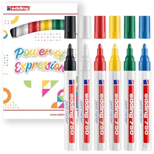 Image of edding 750 gloss paint marker - basic colours - 6 paint markers - round tip 2-4 mm - paint pen for glass, pebbles, wood, plastic, paper - waterproof, high coverage