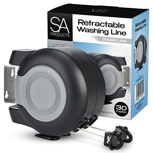 Image of SA Products Wall Mounted Twin Cable Retractable Washing Line - 2x15m Long Clothes Line - 30m Extendable Laundry Drying String Line Heavy-Duty Plastic & Polyvinyl For Indoor & Outdoor Use - Black