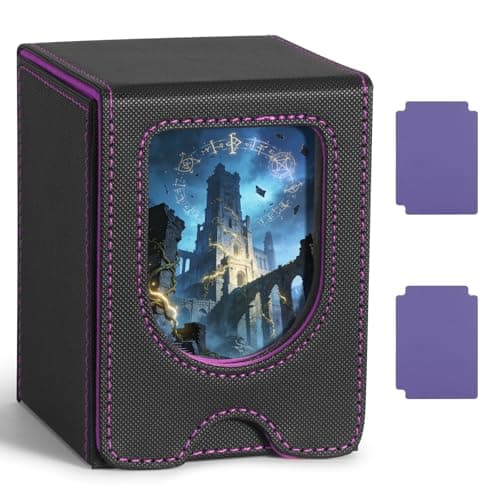 Image of Euqvunn TCG Deck Box with Display Window, Holds up to 130 Single-Sleeved Trading Cards, Includes 2 Dividers for Easy Organization, Ideal for Display and Carrying (Black & Purple)