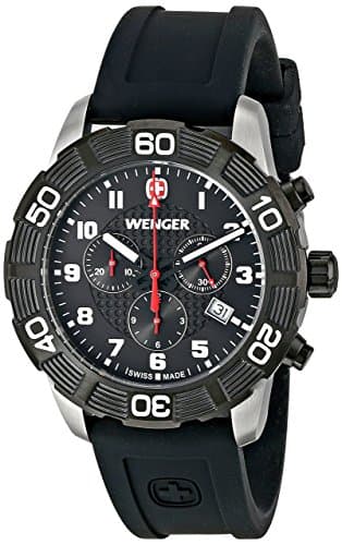 Image of Wenger Roadster Chrono Men's Quartz Watch with Black Dial Chronograph Display and Black Silicone Strap 010853104