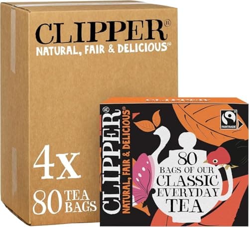 Image of Clipper Fairtrade Everyday Tea Bags, Black Teabags Natural, Unbleached, Plant-Based Biodegradable & Sustainable Bulk Teabags (4 x 80, Total 320 Tea bags)