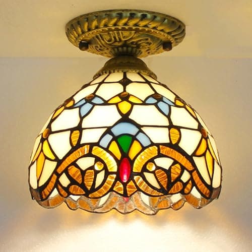 Image of Chao Zan Tiffany Style Ceiling Light, Victorian Stained Glass Semi-Flush Mount, Baroque Pattern, Multicoloured,E27 Bulb,Bedroom/Dining Room/Entryway (Figure: A)