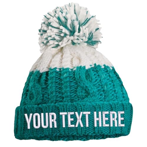 Image of Purple Print House Embroidered Apres Beanie Bobble Hat Custom Text Personalised Writing Winter Autumn Skiing Two Colour, One Size, Emerald/White