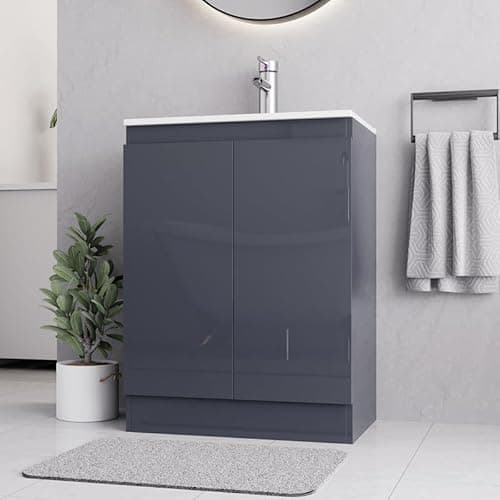 Image of BELOFAY Denvor Grey 600mm Floor Standing Bathroom Vanity Unit With Basin - Laquered Cloakroom Vanity Unit with 1 Tap Hole Ceramic Basin and Soft Close Hinges. (WASTE INCLUDED)