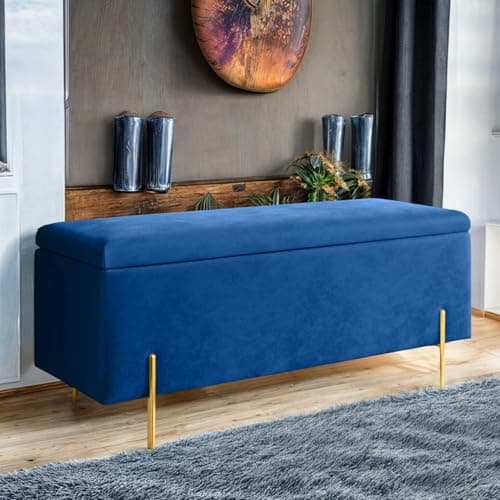 Image of Harveys Living Plain Ottoman Storage Box - Engineered Wood Luxurious Plush Velvet Ottoman Storage Bench (Blue, Legs)