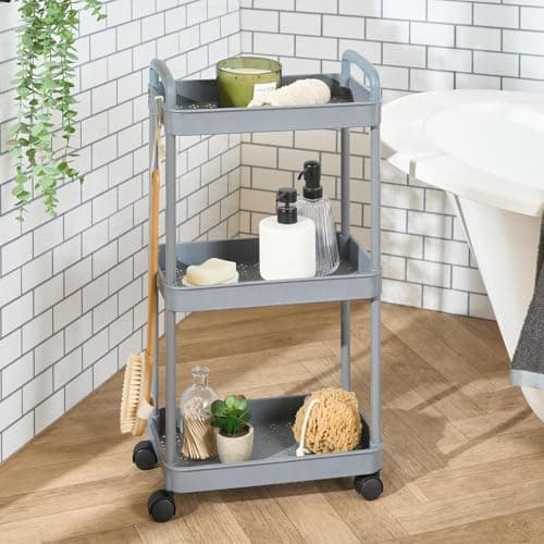 Image of OHS Trolley On Wheels 3 Tier Rolling Cart, Plastic Storage Trolley Steel Frame Space Saving Kitchen Trolleys for Book Beauty Organiser Utility Cart for Living Room Bathroom Office, Grey