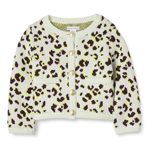 Image of Amazon Essentials Girls' Knitted Cardigan, Ivory Leopard Animal, 6-7 Years