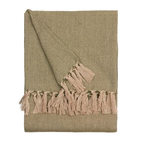 Image of furn. Dessa Throw – Soft Indoor/Outdoor Quick Dry Woven Geometric Fringed Blanket (Olive – 130x180cm)