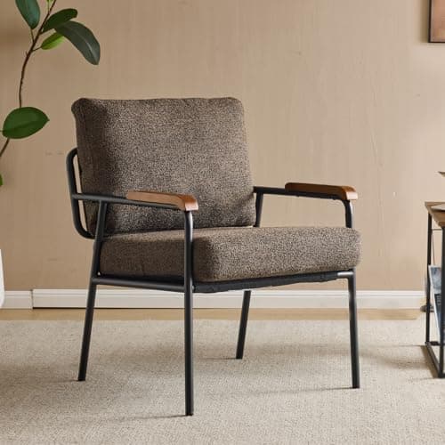 Image of Bonnlo Accent chair, Mid-Century Metal Frame Armchair, Occasional Reading Chair with Coushions and Wooden Armrest, Armchairs for Living Room, Bedroom, Dining Room, Brown