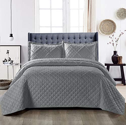 Image of B&B Quilted Bedspreads Double Bed Throws - Reversible Embossed Quilted Bed Throw Bedspreads Double Size 240x250cm with 2 Pillows Cases, Grey