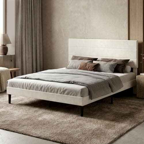 Image of Levede King Size Bed Frame with Adjustable Upholstered Headboard, Noise-Free 5ft Kingsize Bed Frame with Wooden Slats Support, Velvet Fabric Platform Bed Frame, Easy Assembly, Beige 135x190cm