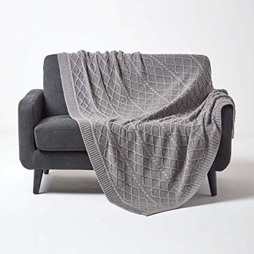 Image of HOMESCAPES Luxury Grey Knitted Throw Large Cable Knit Cotton Blanket Hand Knit Warm and Cosy 100% Cotton Textured Diamond Pattern Sofa and Bed Throw, 150 x 200 cm