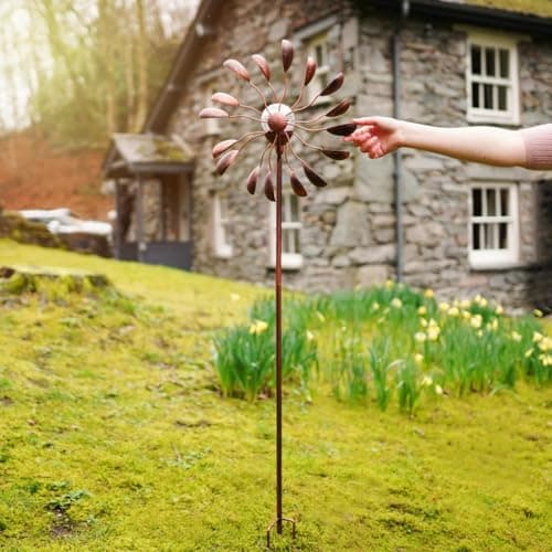 Image of Festive Lights - 1.3m 4.3ft Gemini Bronze Solar Garden Wind Spinner - Multi-Coloured LED, Crackle Glass Ball, Weather-Resistant - IP44 Outdoor Light with Spinning Arms & Sturdy Ground Stake
