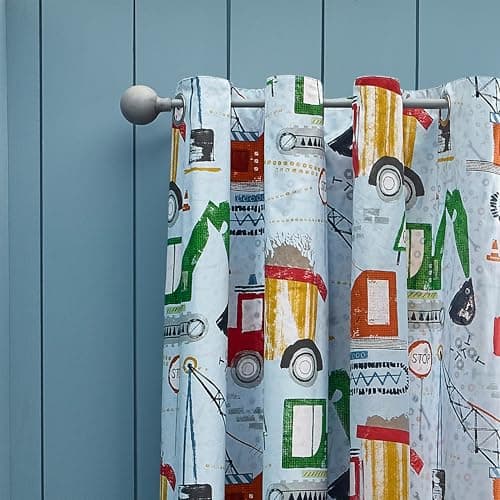 Image of Catherine Lansfield Kids Digger Dreams Fully Reversible 66x72 Inch Eyelet Curtains Two Panels Blue
