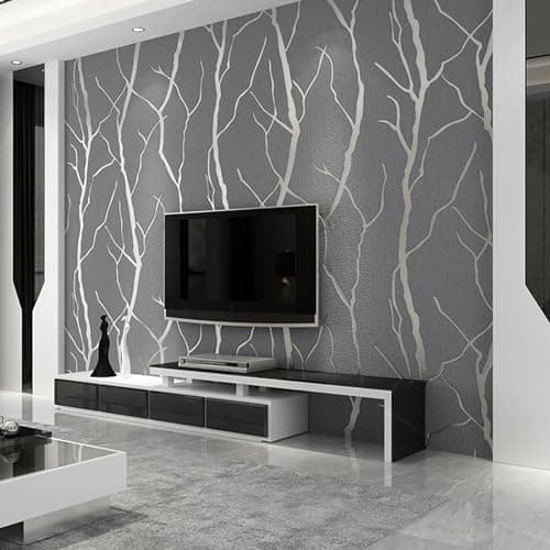Image of Trafagala Non-Woven Silver Grey Wallpaper 3D Embossed Striped Feature Branch Glitter Wallpaper Flocking Textured Wallpapers Modern Minimalist for Bedroom Living Room TV Backdrop Hallway Hall Lounge