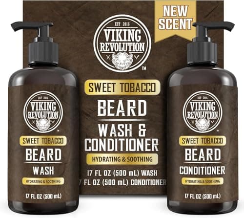 Image of Viking Revolution Beard Shampoo & Conditioner - Natural Wash & Conditioner With Argan & Jojoba Oils - Softens & Strengthens - Gifts For Men - Sweet Tobacco - 2 x 500 ml