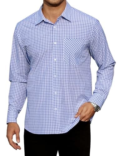 Image of Enlision Mens Plaid Shirt Long Sleeve Check Shirts for Men Smart Casual Button Down Checked Lumberjack Formal Business Work Top with Pocket Regular Fit, Light Blue and White, XXL