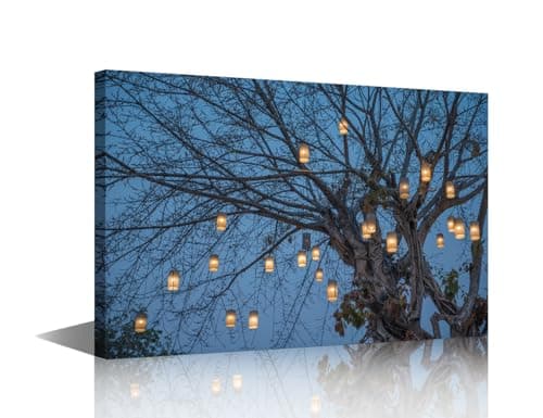 Image of TISHIRON Tree of Life Canvas Wall Art Light Up Big Tree Paintings Prints on Canvas Night Scene Modern Artwork Pictures for Living Room Bedroom Wall Decor Giclee Framed Ready to Hang, 36x24in