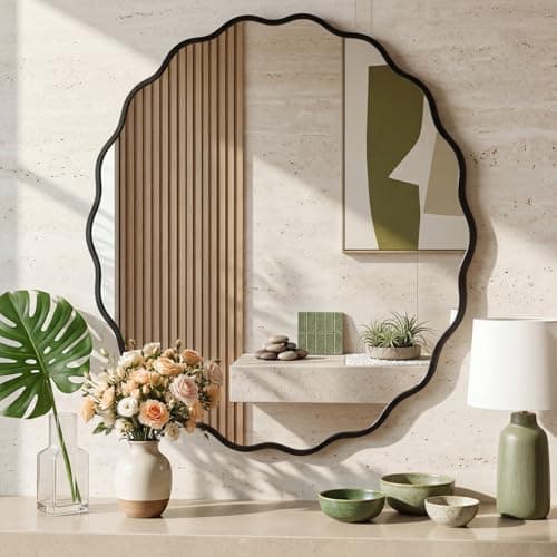 Image of Clevich Wavy Edge Wall Mirror 80cm, Round Bathroom Mirror with Explosion-Proof Tempered Mirror,Textured Aluminum Frame, be Hung or Leaned against the Wall for Living Room/Bedroom/Hallway (Black)
