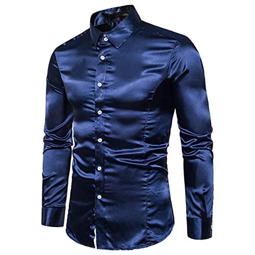 Image of Mens Paisley Satin Dress Shirts Regular Fit Solid Silk Casual Long Sleeve Dance Party Shirt Button Down Tuxedo Luxury Shirt(Navy,X-Large)