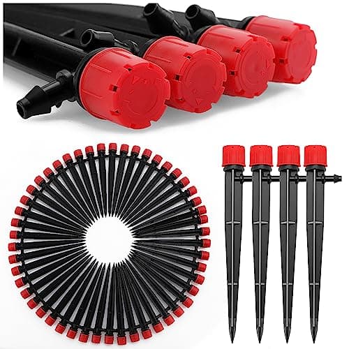 Image of VooGenzek 50 PCS 360 Degree Adjustable Irrigation Dripper Sprinkler, Micro 8-Hole Stake Emitter Dripper with Barbed Connector for 4/7 mm Garden Hose Irrigation System, Water Flow Stake Emitter, Red