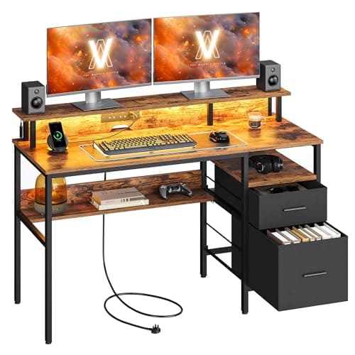 Image of VASAGLE Computer Desk with Fabric Drawers, Study Desk with Monitor Stand, LED Lighting, 55 x 135 x 90 cm, Built-in Power Outlets, 2 USB-A Ports, for Home Office, Rustic Brown LWD094K01