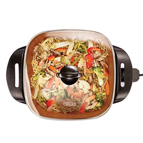 Image of BELLA Electric Skillet and Frying Pan with Glass Lid, Nonstick Coating, Cool Touch Handles, Removable Heating Probe, Dishwasher Safe, 30 x 30 cm, Copper