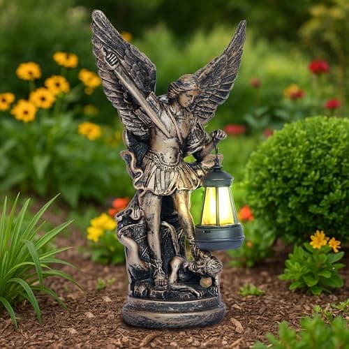 Image of Solar San Miguel Arcangel Outdoor Garden Decor Statues 12.4" Solar St Michael the Archangel Satue for Yard Patio Lawn Porch Decorations Resin St Michael Figurine Religious Collection Sculptures Gifts