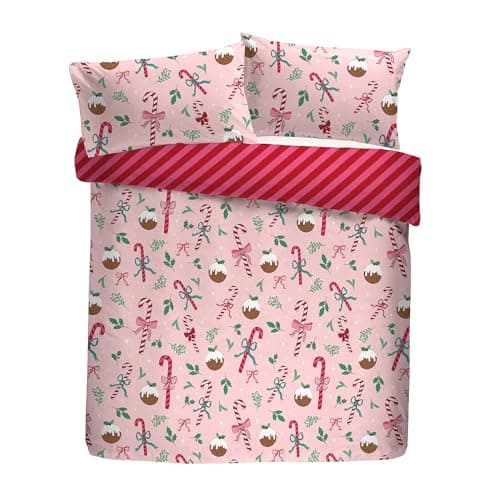 Image of Fusion Festive Fancy Christmas Duvet Cover – Double Size 200x200cm – Reversible Pink Bedding with Candy Cane & Mistletoe Print – 2 Pillowcases – Soft Cotton Blend